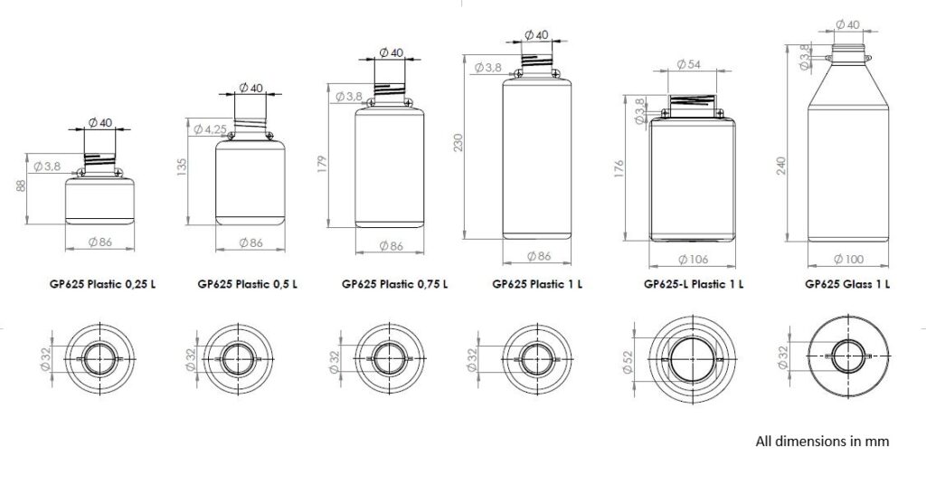 GP625 Sealable Sample Bottle Technical Drawing